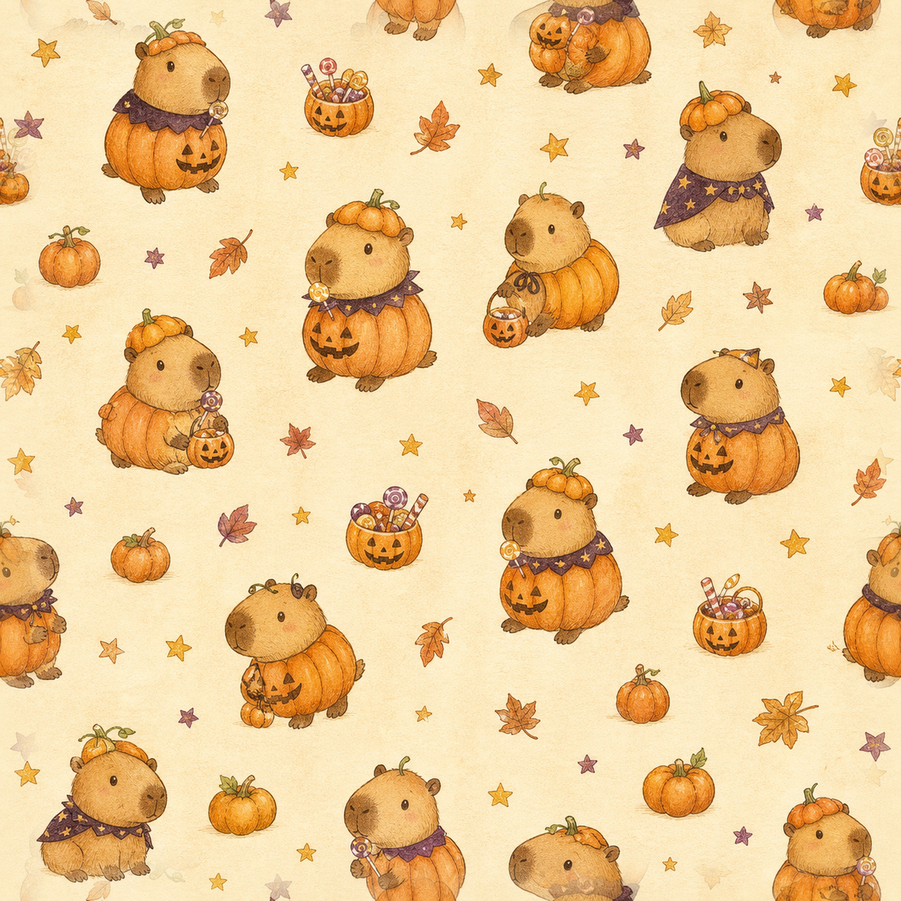 かぼちゃ姿のカピバラ｜かわいいハロウィンシームレス背景イラスト94991に写真・文字を入れる