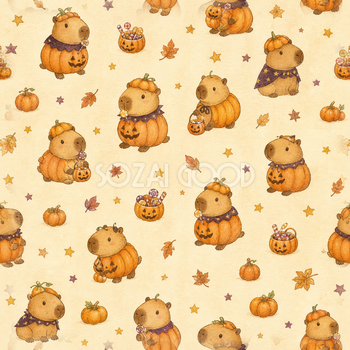 かぼちゃ姿のカピバラ｜かわいいハロウィンシームレス背景94991