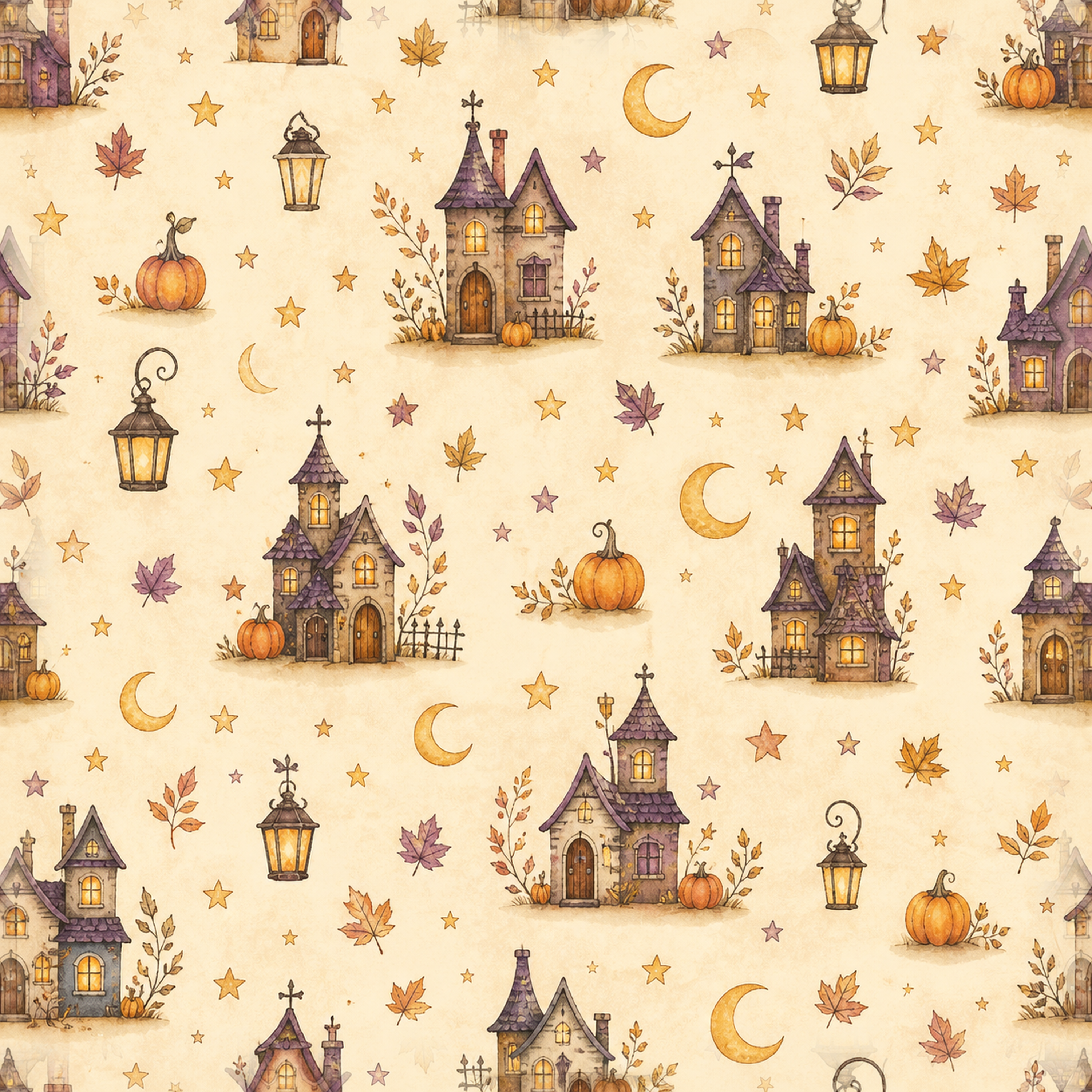 洋館とランタンのハロウィンシームレス背景イラスト｜アンティーク調94997に写真・文字を入れる
