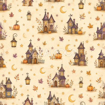 洋館とランタンのハロウィンシームレス背景イラスト｜アンティーク調94997