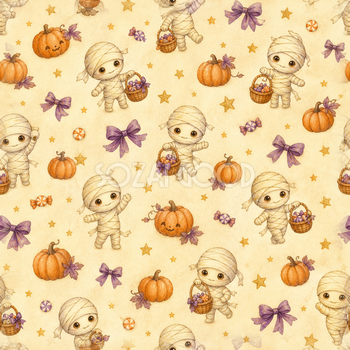 かわいいミイラとお菓子｜子ども向けハロウィンシームレス背景イラスト94999