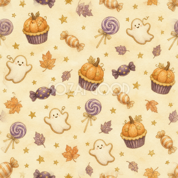 かぼちゃのお菓子とキャンディー｜ハロウィンシームレス背景イラスト95000