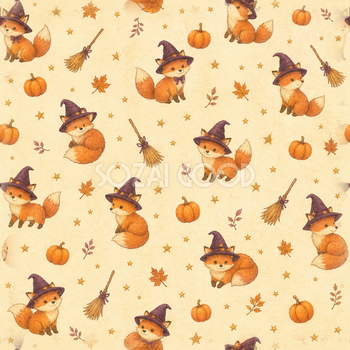 魔女帽子のきつねとほうき｜かわいいハロウィンシームレス背景イラスト95005