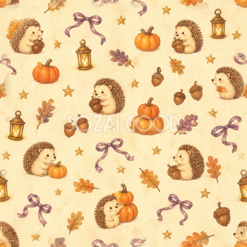ハリネズミ・どんぐり・かぼちゃ｜秋のハロウィンシームレス背景イラスト95006