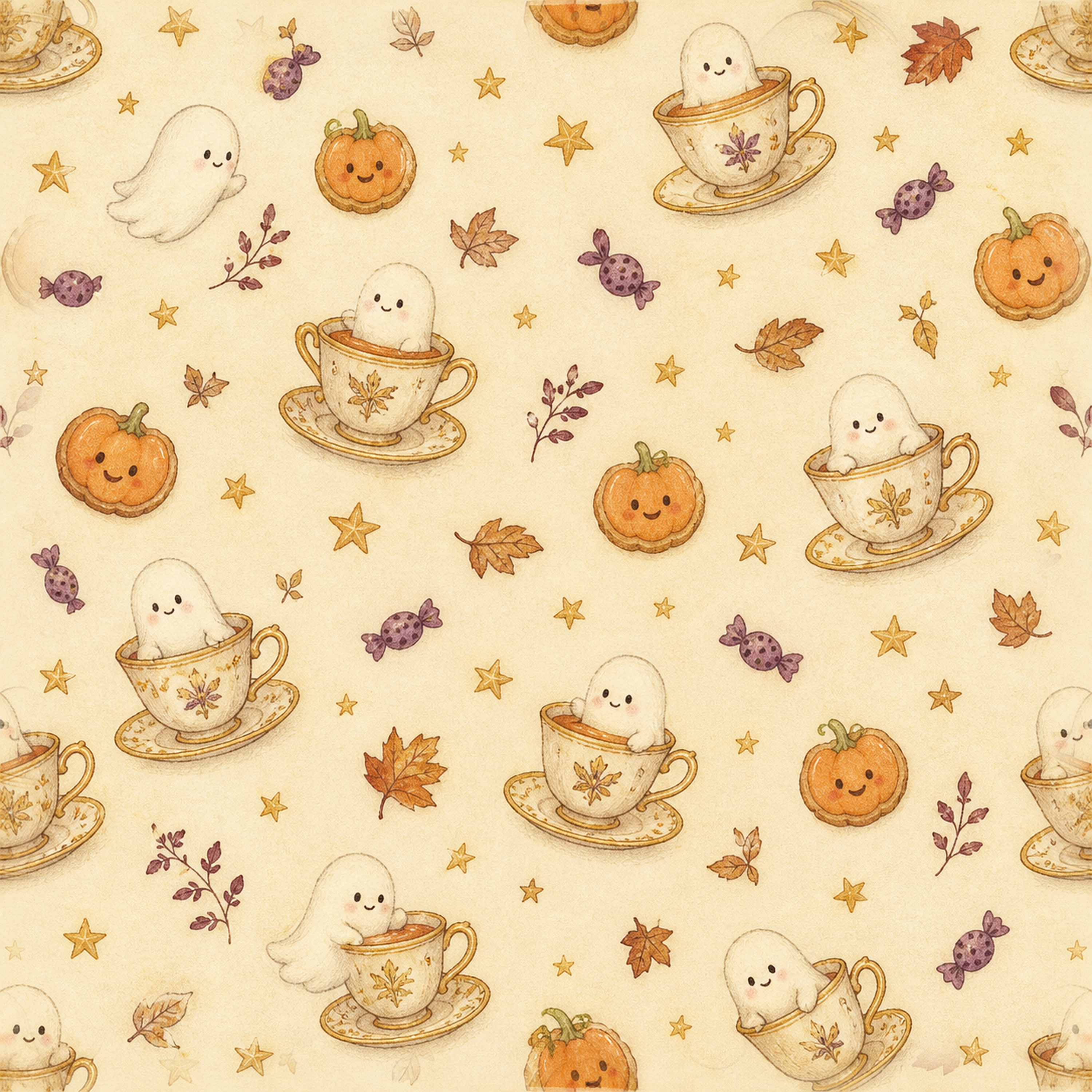 ティーカップのおばけとクッキー｜ハロウィンシームレス背景イラスト95007に写真・文字を入れる