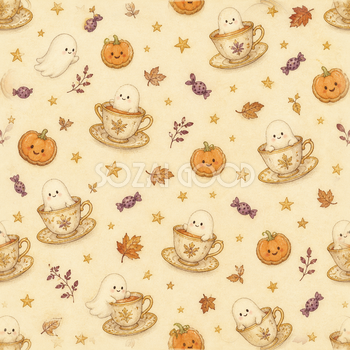 ティーカップのおばけとクッキー｜ハロウィンシームレス背景イラスト95007