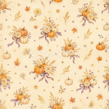 秋の花とかぼちゃ・麦の穂｜上品なハロウィンシームレス背景イラスト95008