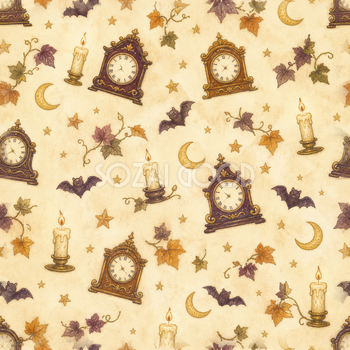 アンティーク時計・月・ろうそく｜ハロウィンシームレス背景イラスト95009