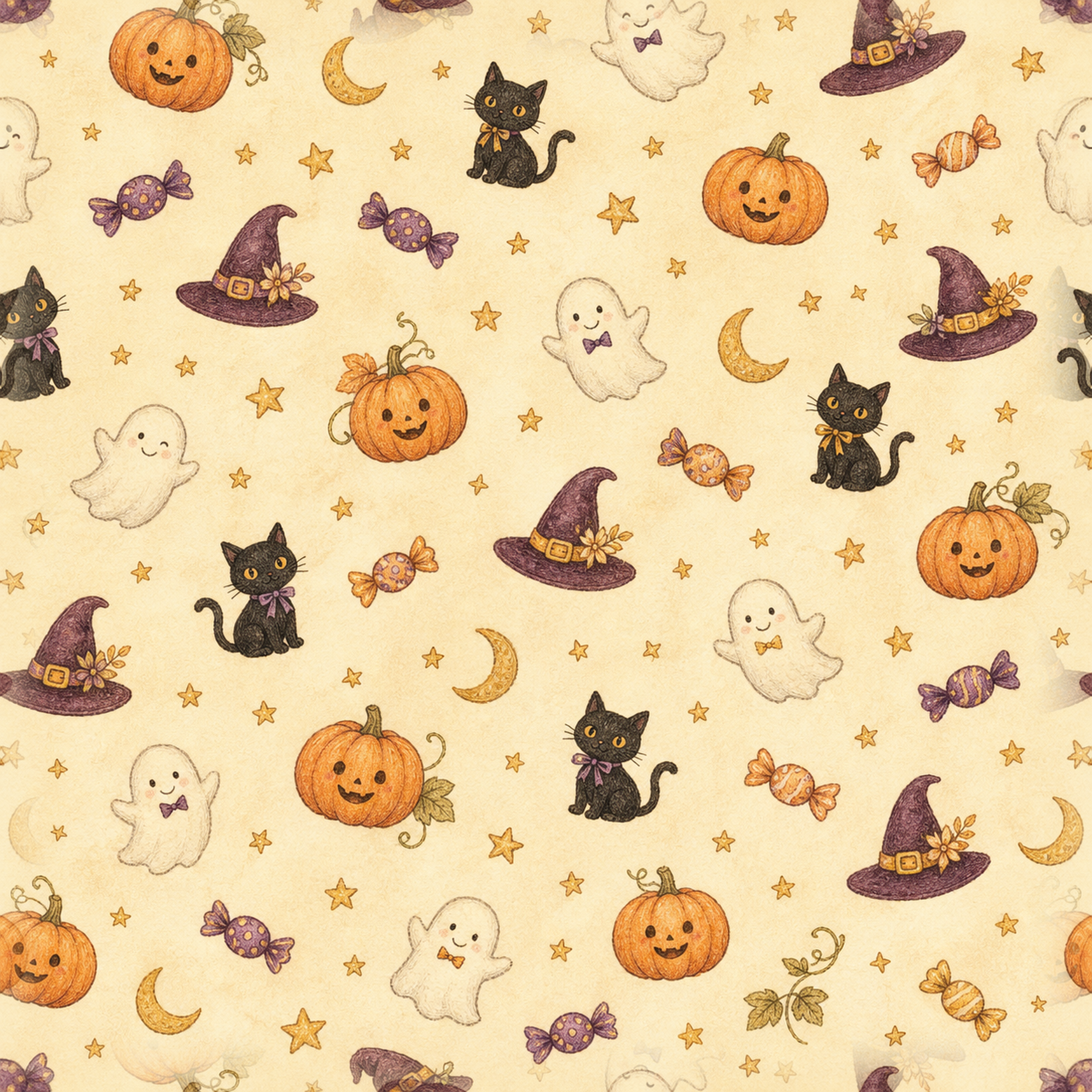 黒猫・おばけ・かぼちゃのハロウィン総柄｜シームレス背景イラスト95010に写真・文字を入れる