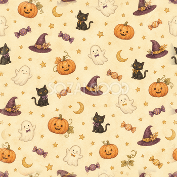 黒猫・おばけ・かぼちゃのハロウィン総柄｜シームレス背景イラスト95010