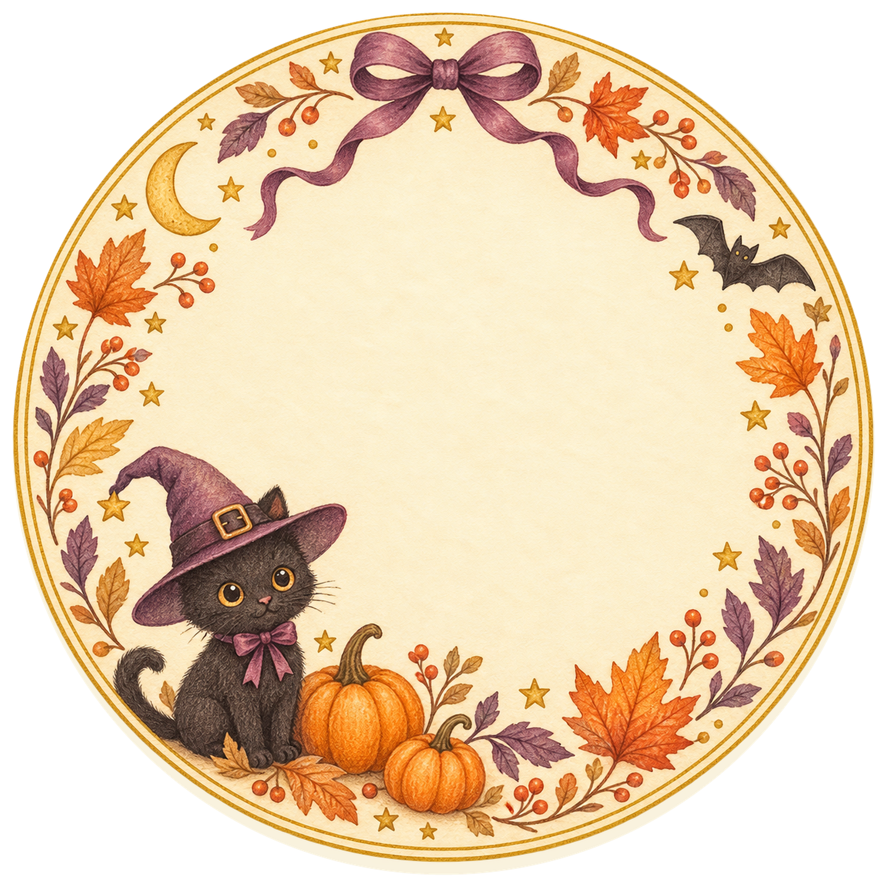 魔女帽子の黒猫と秋の葉の丸型ラベル｜ハロウィンフレームイラスト95024に写真・文字を入れる