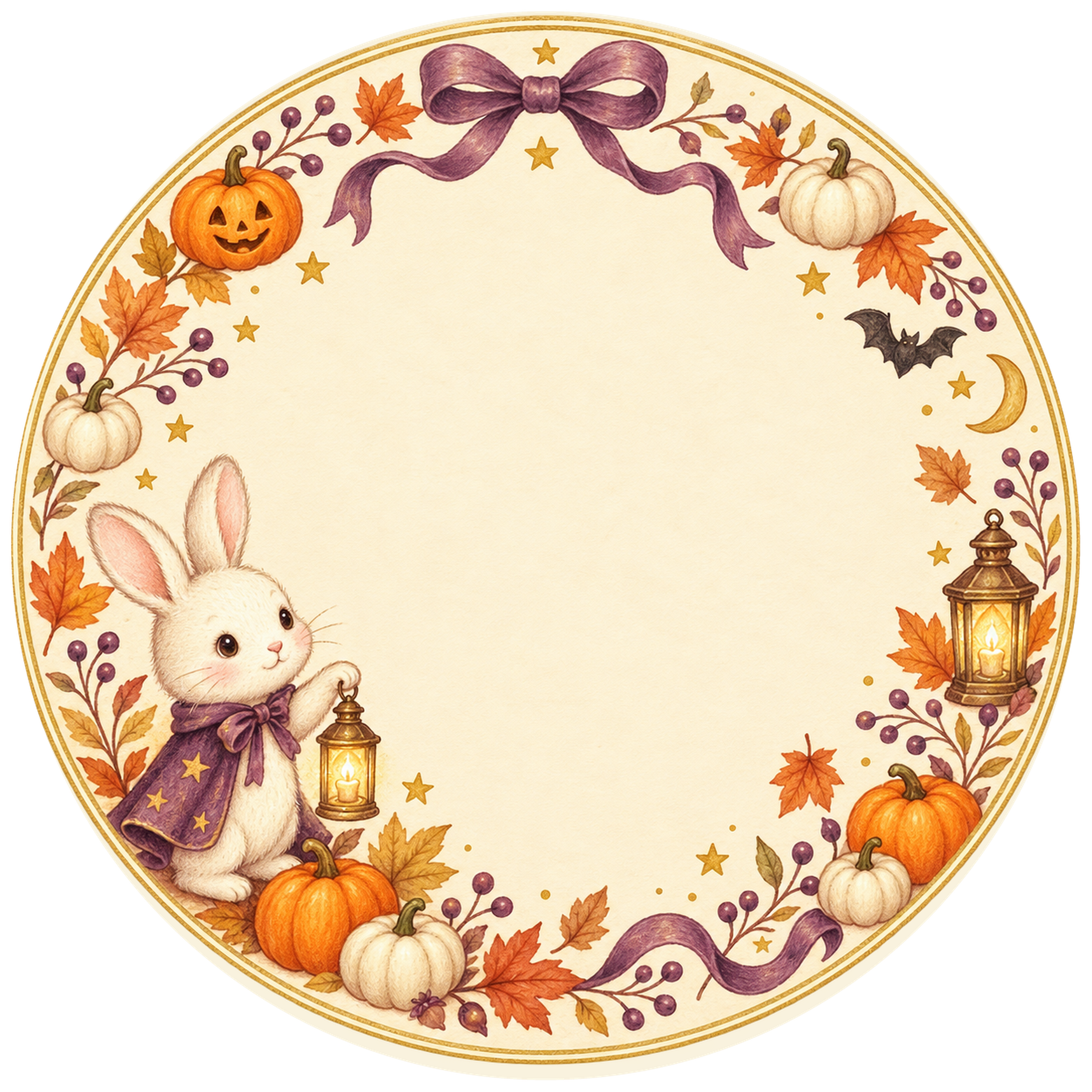 ランタンを持つ白うさぎの丸型ラベル｜かわいいハロウィンイラスト95025に写真・文字を入れる