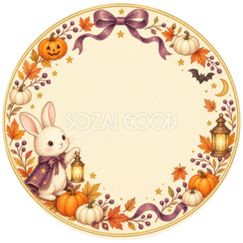 ランタンを持つ白うさぎの丸型ラベル｜かわいいハロウィンイラスト95025