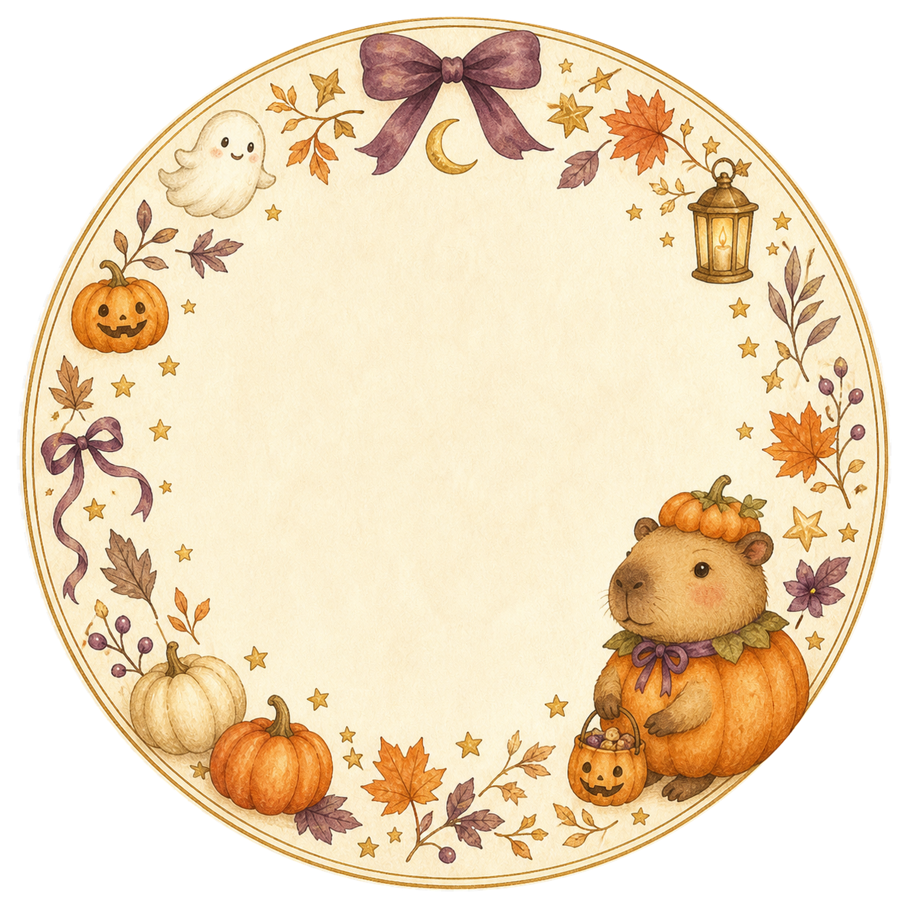 かぼちゃ姿のカピバラの丸型ラベル｜ハロウィンフレームイラスト95026に写真・文字を入れる