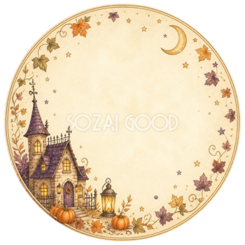 明かりが灯る洋館の丸型ラベル｜アンティークなハロウィンフレームイラスト95029