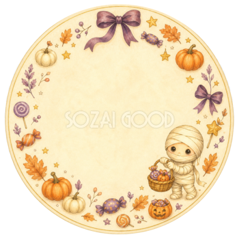 かわいいミイラとお菓子の丸型ラベル｜子ども向けハロウィンフレームイラスト95031
