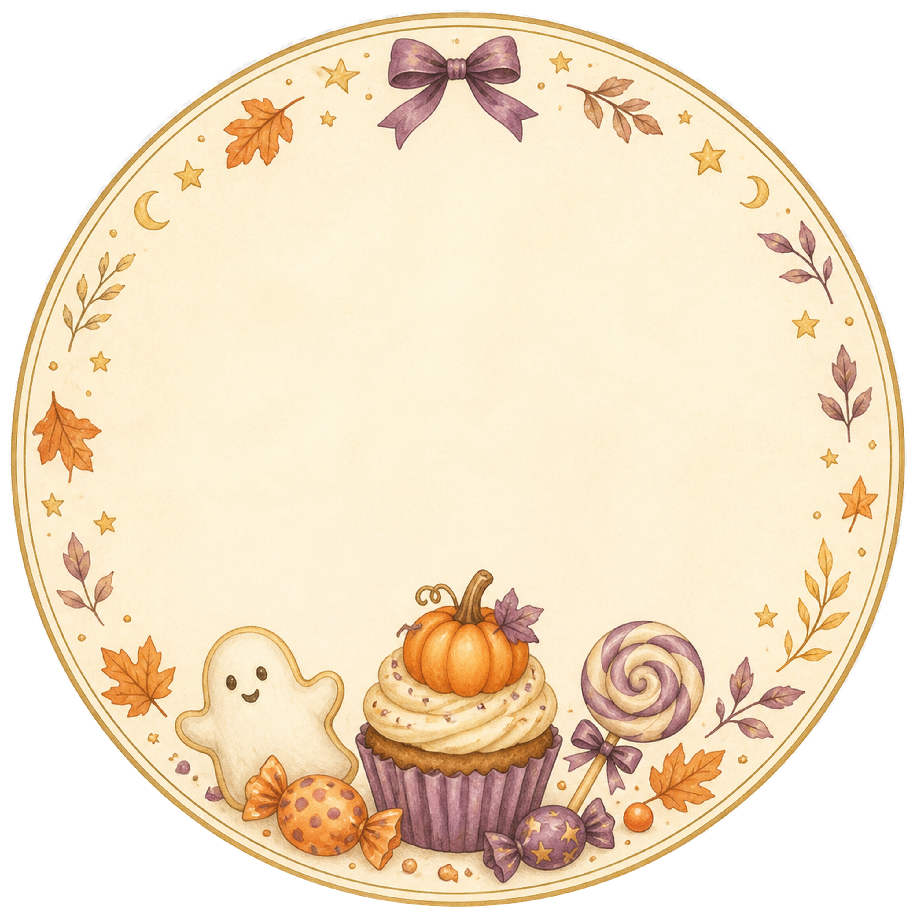 かぼちゃのお菓子とキャンディーの丸型ラベル｜ハロウィンフレームイラスト95032に写真・文字を入れる