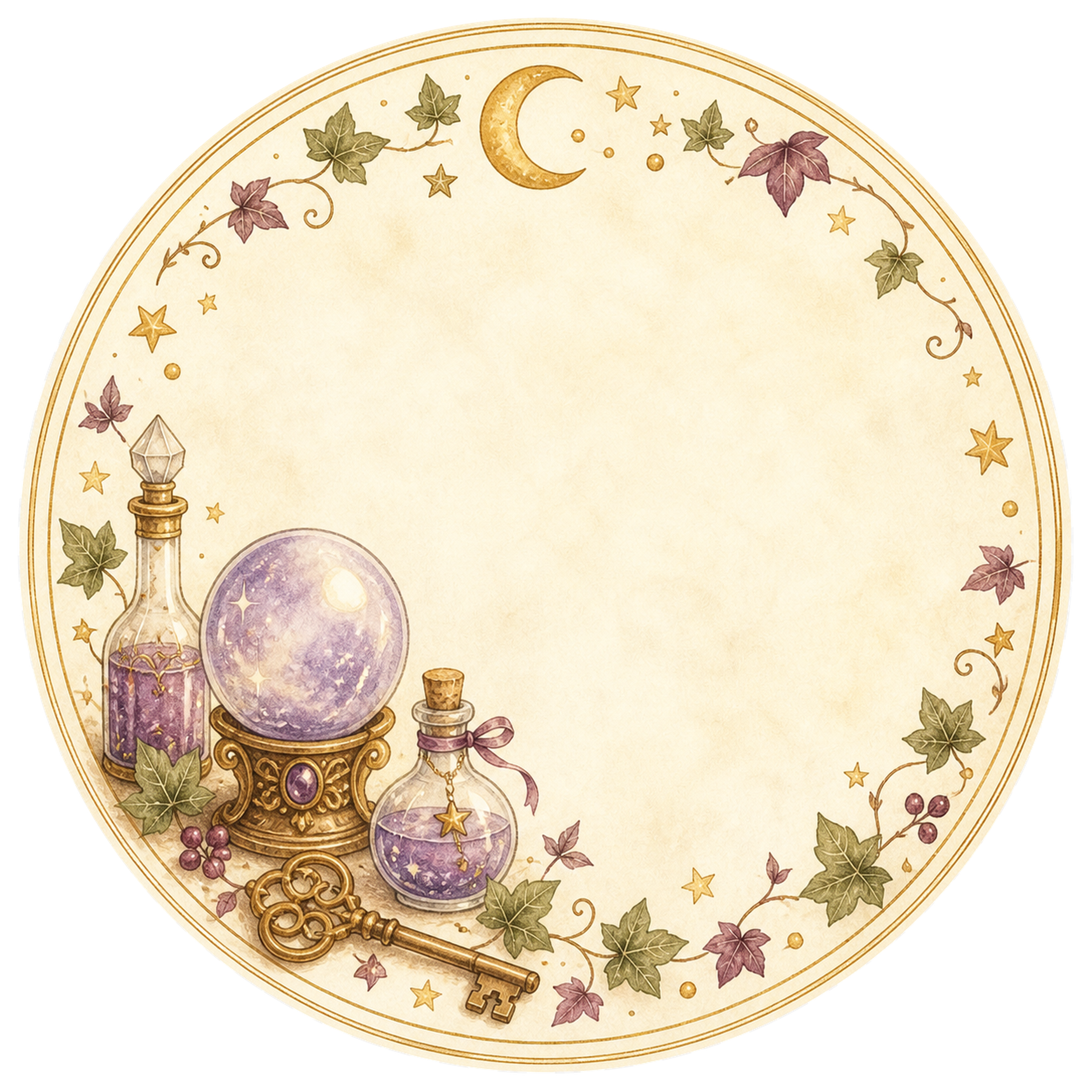 水晶玉・魔法の薬・鍵の丸型ラベル｜幻想的なハロウィンフレームイラスト95033に写真・文字を入れる