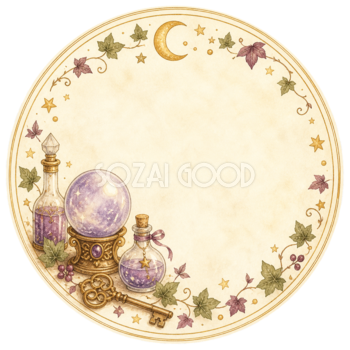 水晶玉・魔法の薬・鍵の丸型ラベル｜幻想的なハロウィンフレームイラスト95033