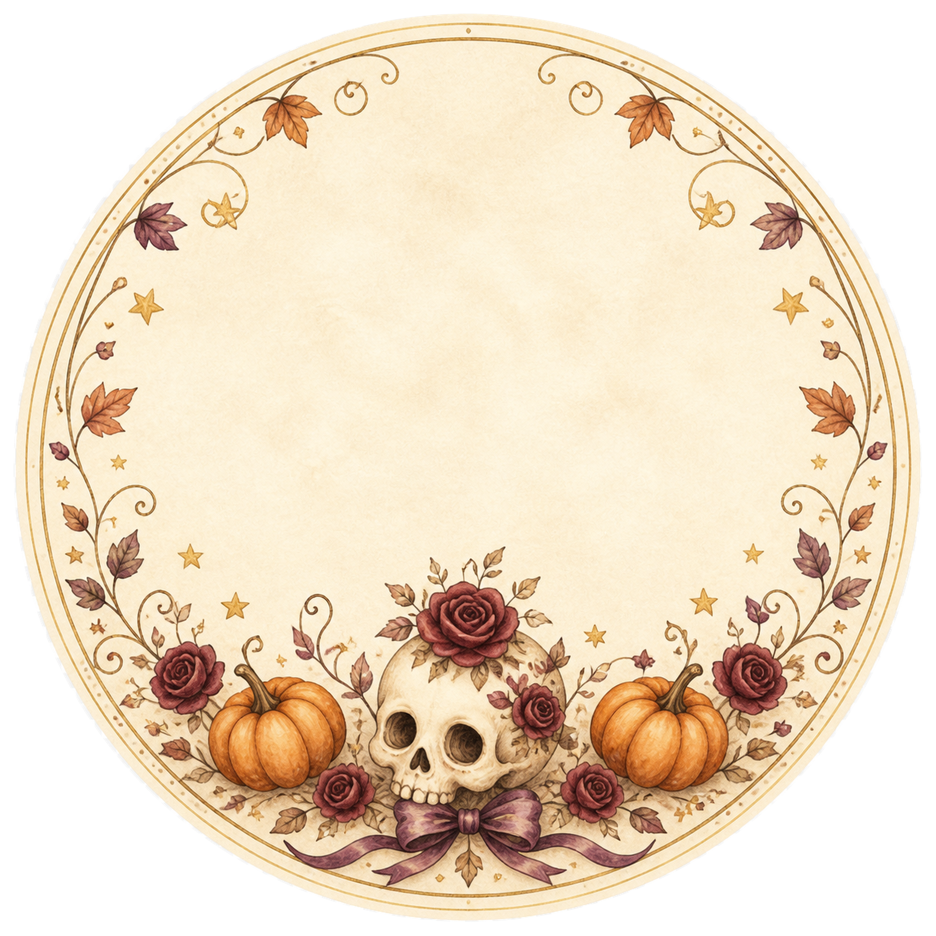 ドクロ・赤いバラ・かぼちゃの丸型ラベル｜大人向けハロウィンフレームイラスト95036に写真・文字を入れる