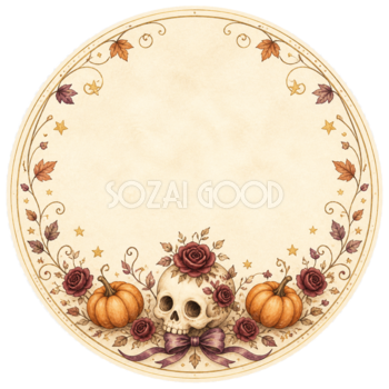 ドクロ・赤いバラ・かぼちゃの丸型ラベル｜大人向けハロウィンフレームイラスト95036