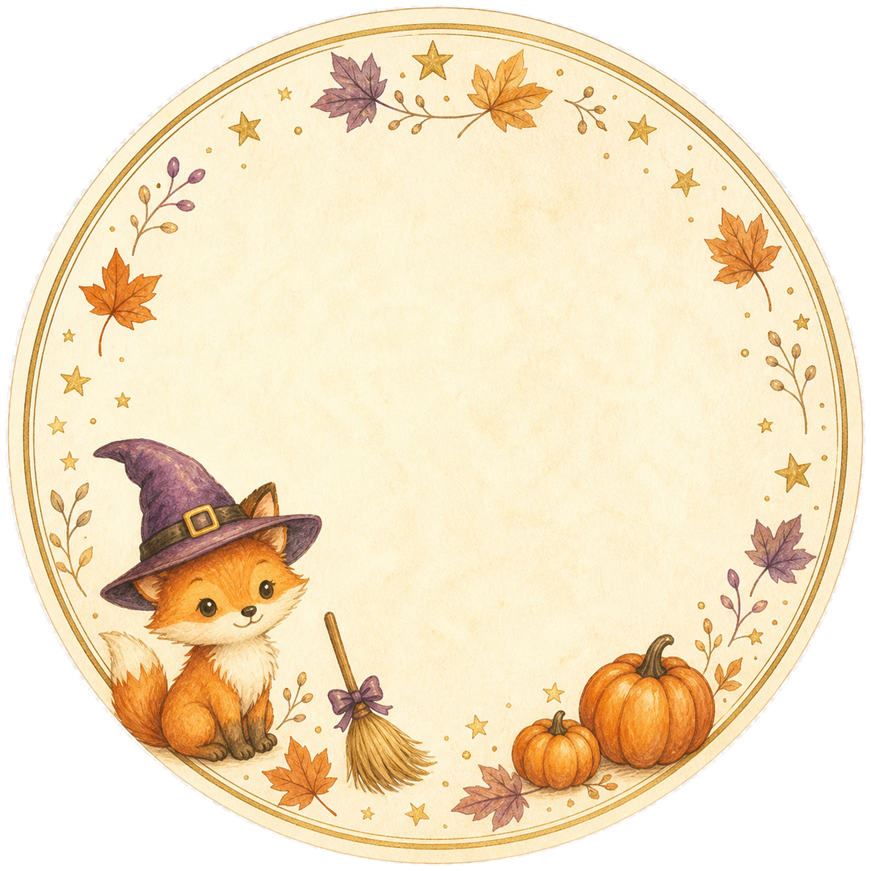 魔女帽子のきつねとほうきの丸型ラベル｜かわいいハロウィンフレームイラスト95037に写真・文字を入れる