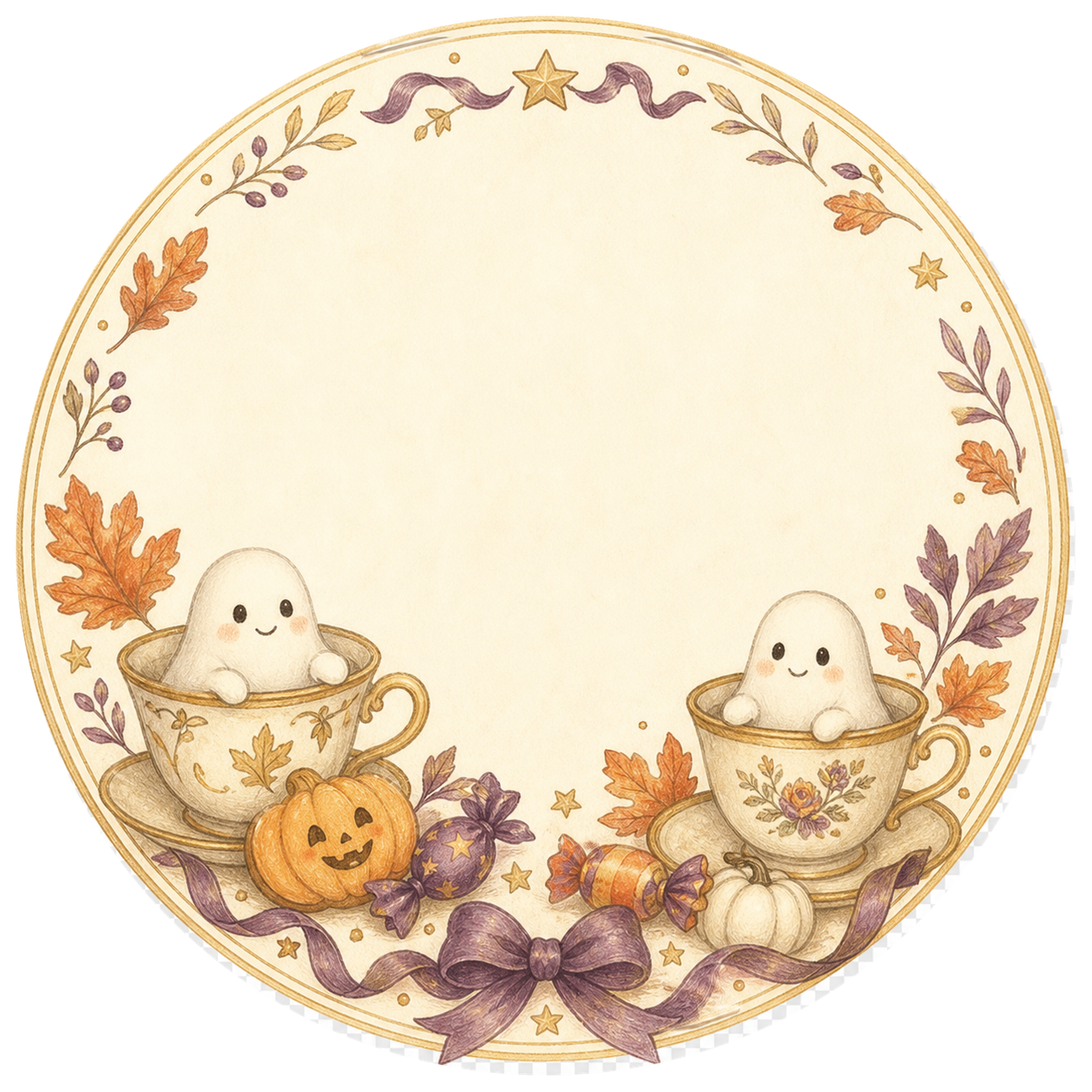 ティーカップのおばけとクッキーの丸型ラベル｜ハロウィンフレームイラスト95039に写真・文字を入れる