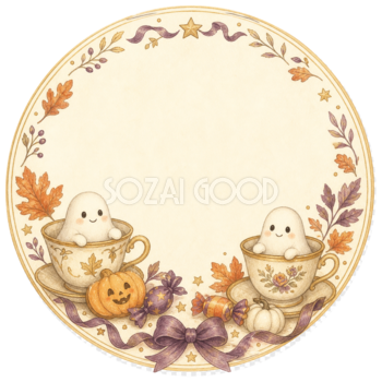 ティーカップのおばけとクッキーの丸型ラベル｜ハロウィンフレームイラスト95039