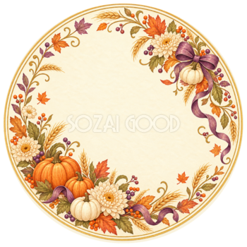 秋の花・かぼちゃ・麦の穂の丸型ラベル｜上品なハロウィンフレームイラスト95040