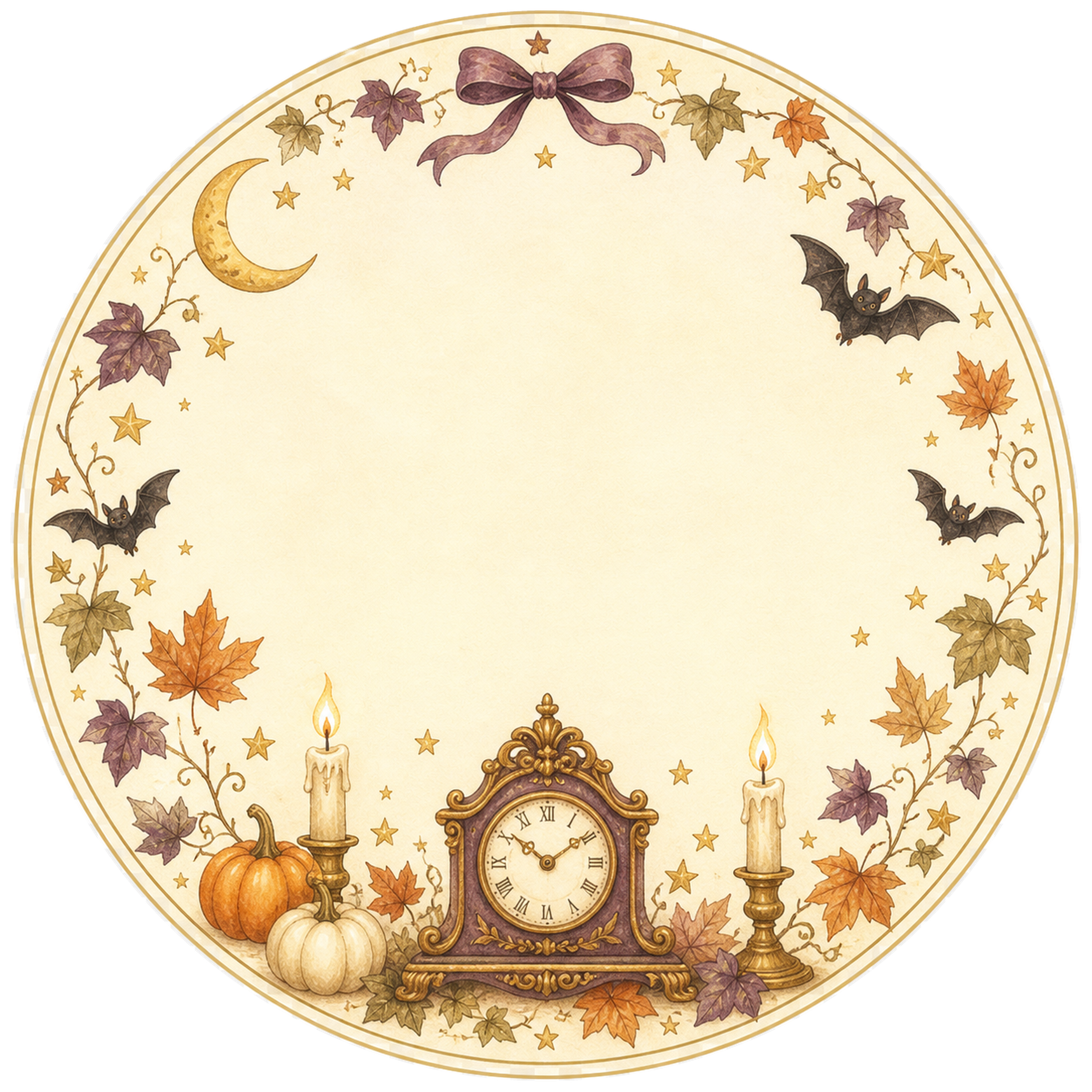 アンティーク時計・月・ろうそくの丸型ラベル｜ハロウィンフレームイラスト95041に写真・文字を入れる
