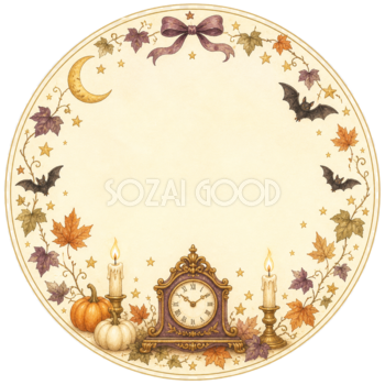 アンティーク時計・月・ろうそくの丸型ラベル｜ハロウィンフレームイラスト95041