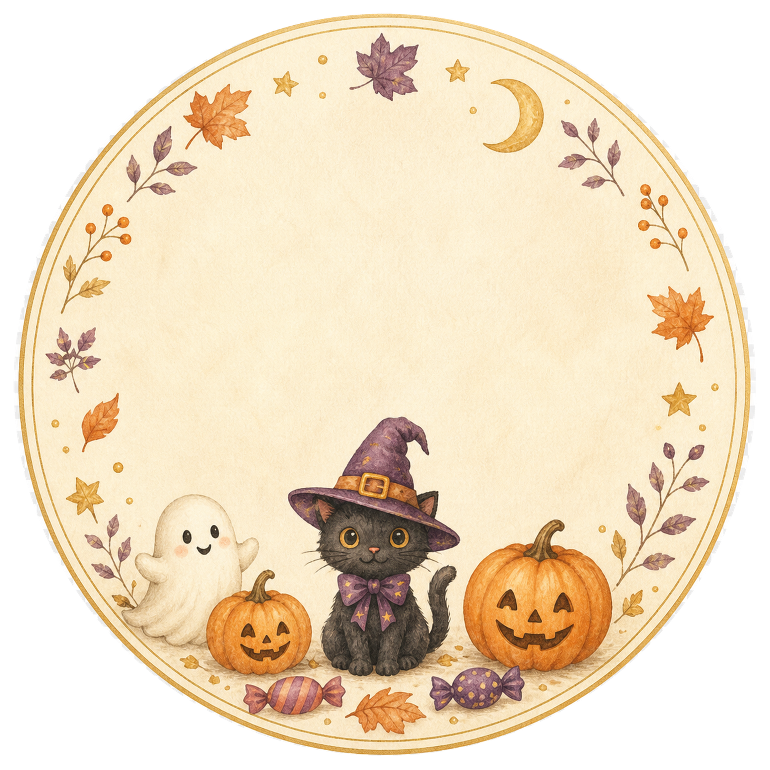 黒猫・おばけ・かぼちゃの丸型ラベル｜にぎやかなハロウィンフレームイラスト95042に写真・文字を入れる