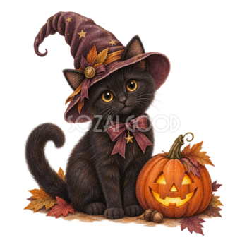 魔女帽子の黒猫とかぼちゃ｜かわいいハロウィンイラスト無料素材95044