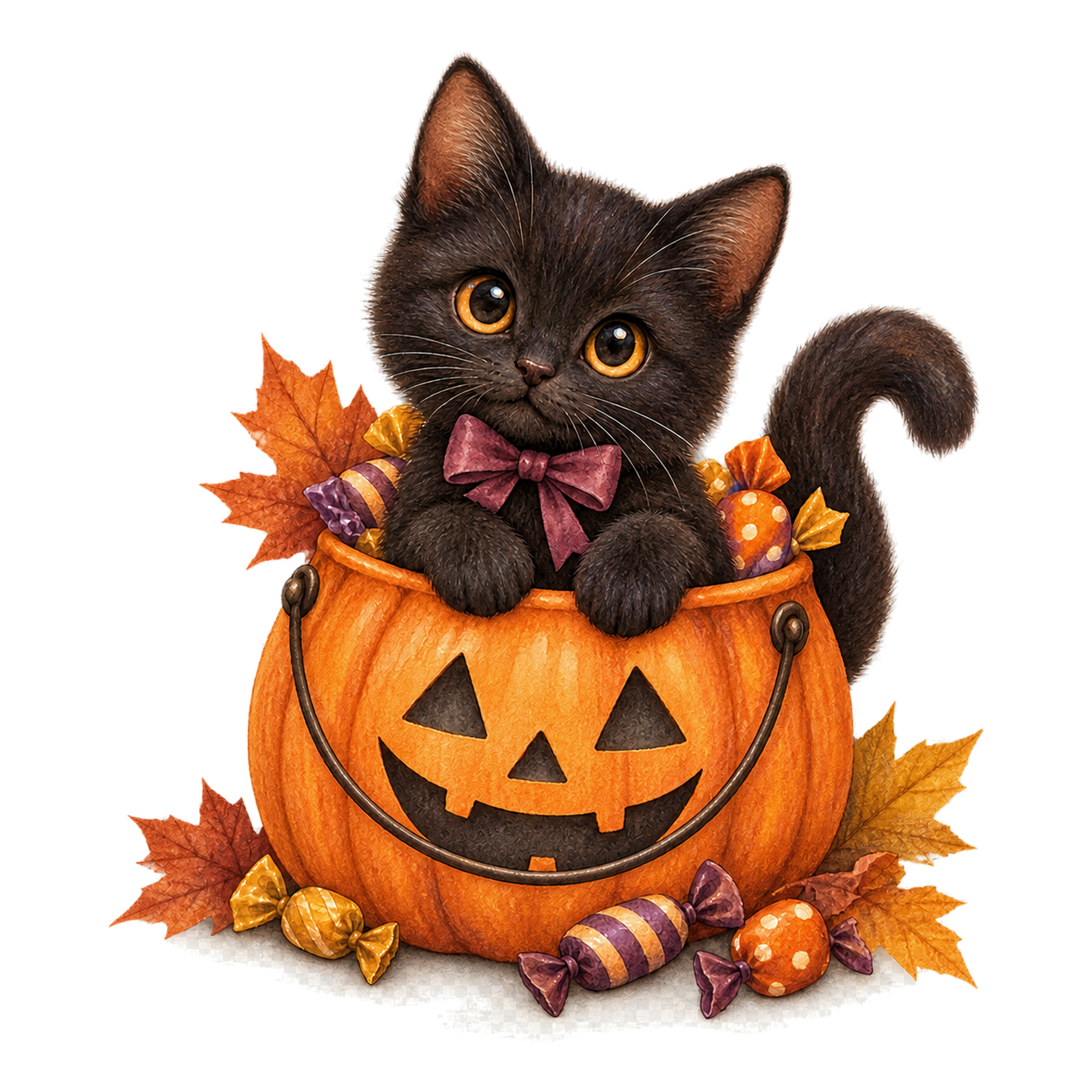 かぼちゃのお菓子バケツに入る黒猫｜ハロウィンイラスト無料素材95045に写真・文字を入れる