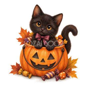 かぼちゃのお菓子バケツに入る黒猫｜ハロウィンイラスト無料素材95045