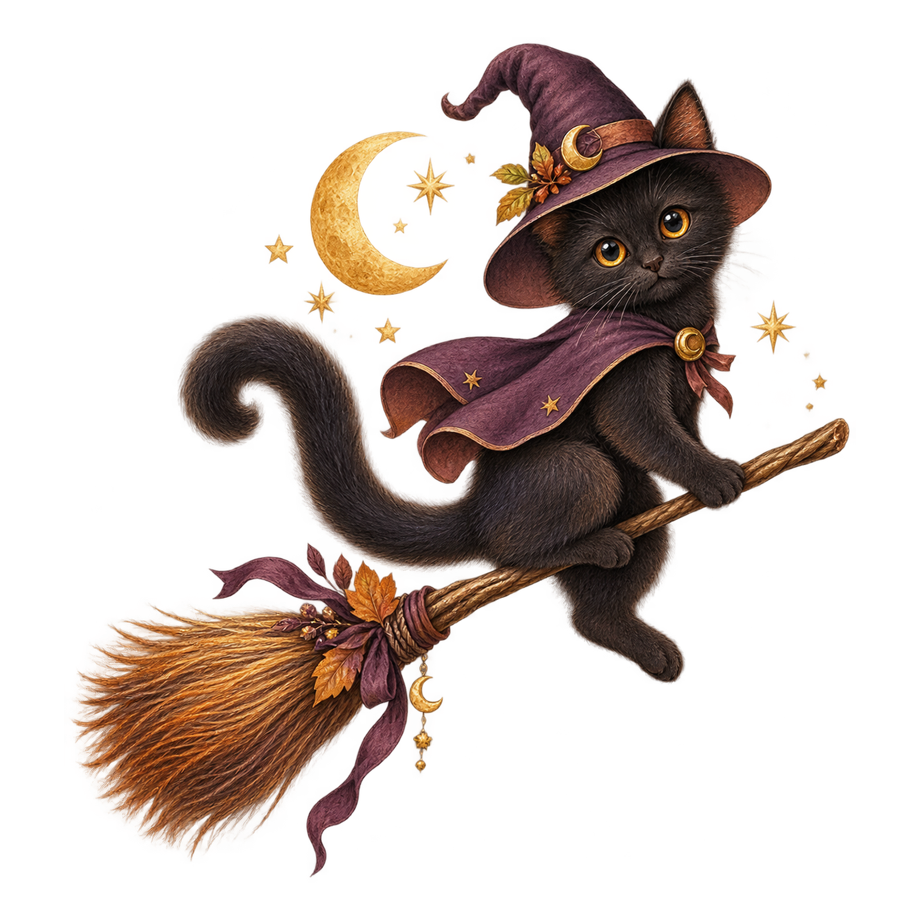 ほうきで空を飛ぶ魔女の黒猫と三日月｜ハロウィンイラスト無料素材95046に写真・文字を入れる