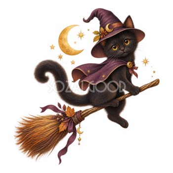 ほうきで空を飛ぶ魔女の黒猫と三日月｜ハロウィンイラスト無料素材95046