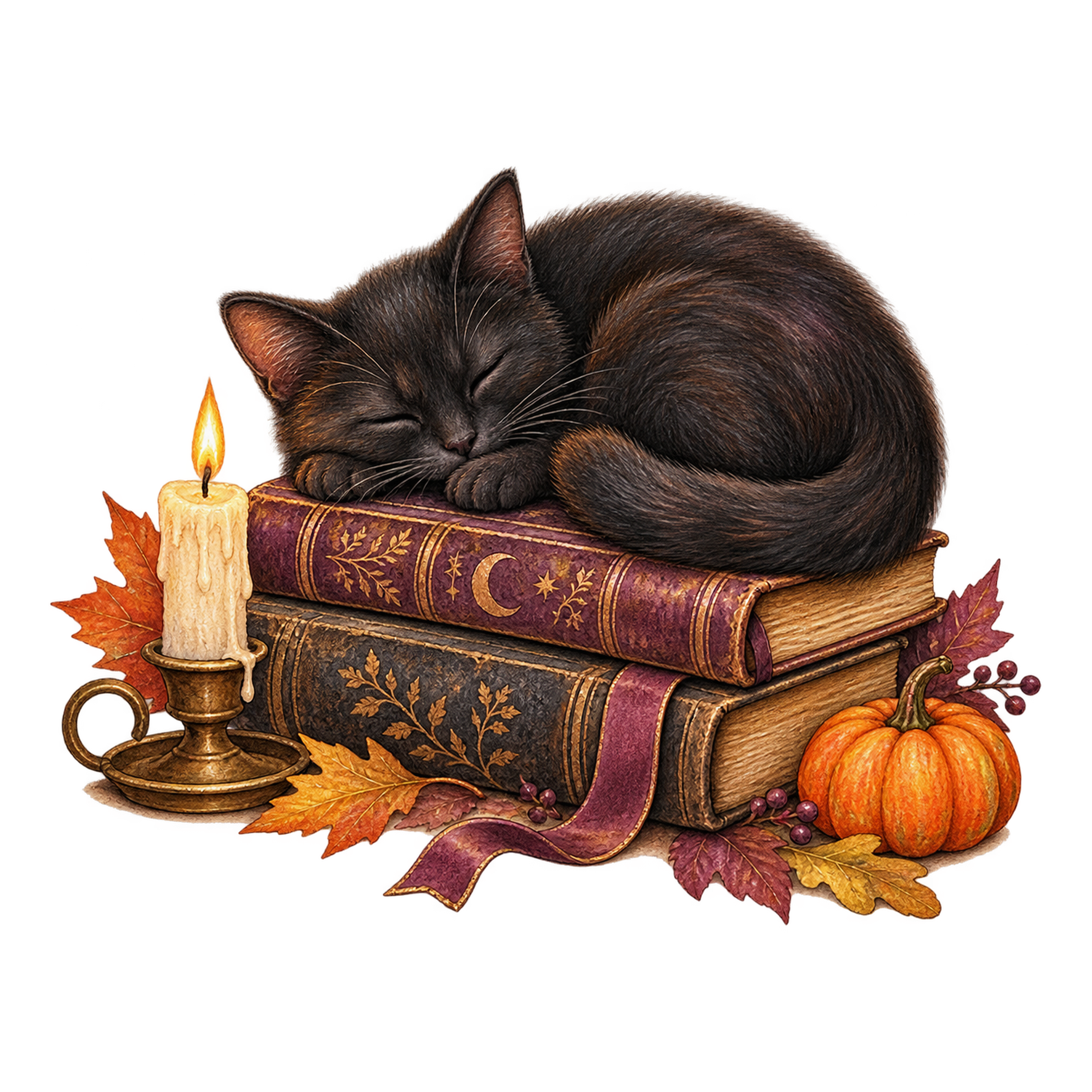 魔法の本の上で眠る黒猫とキャンドル｜ハロウィンイラスト無料素材95048に写真・文字を入れる