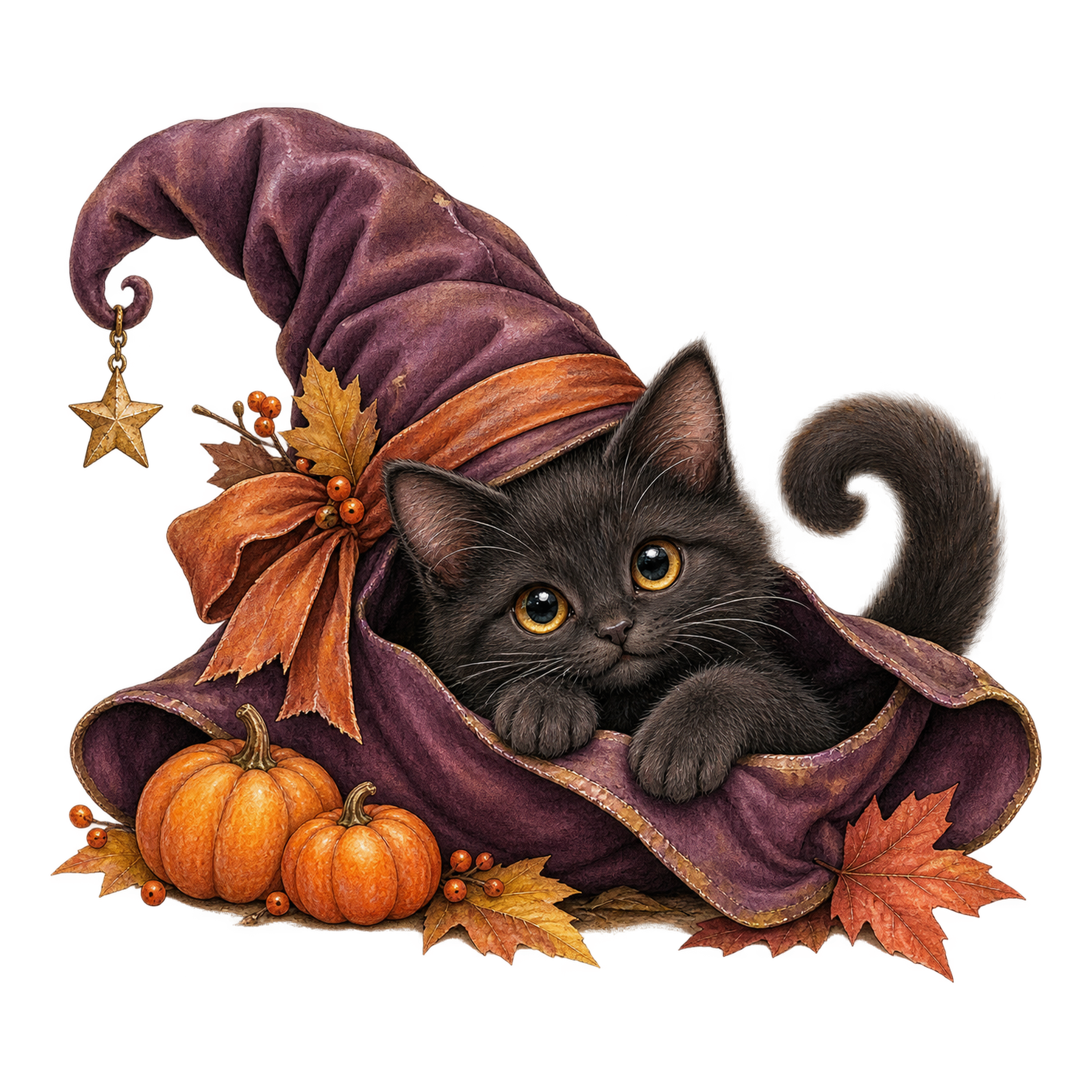 大きな魔女帽子から顔を出す黒猫｜ハロウィンイラスト無料素材95049に写真・文字を入れる