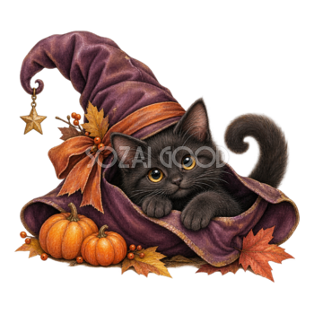 大きな魔女帽子から顔を出す黒猫｜ハロウィンイラスト無料素材95049