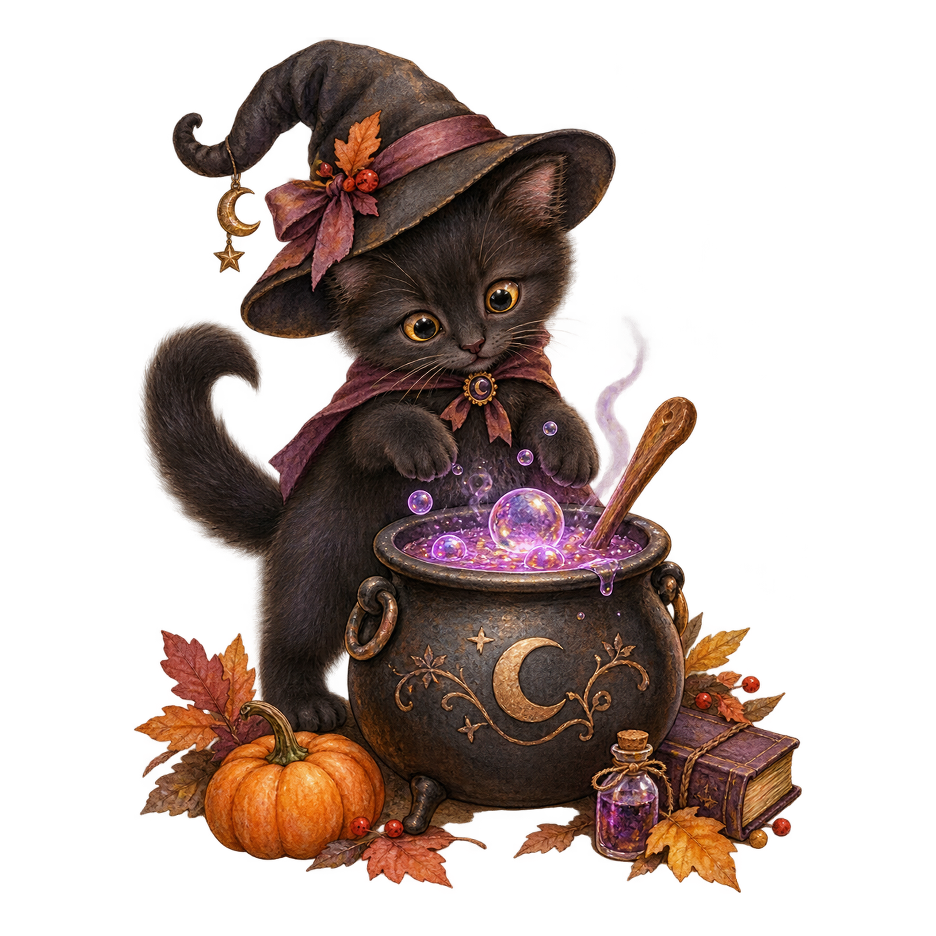 魔法の大釜をかき混ぜる黒猫｜ハロウィンイラスト無料素材95050に写真・文字を入れる