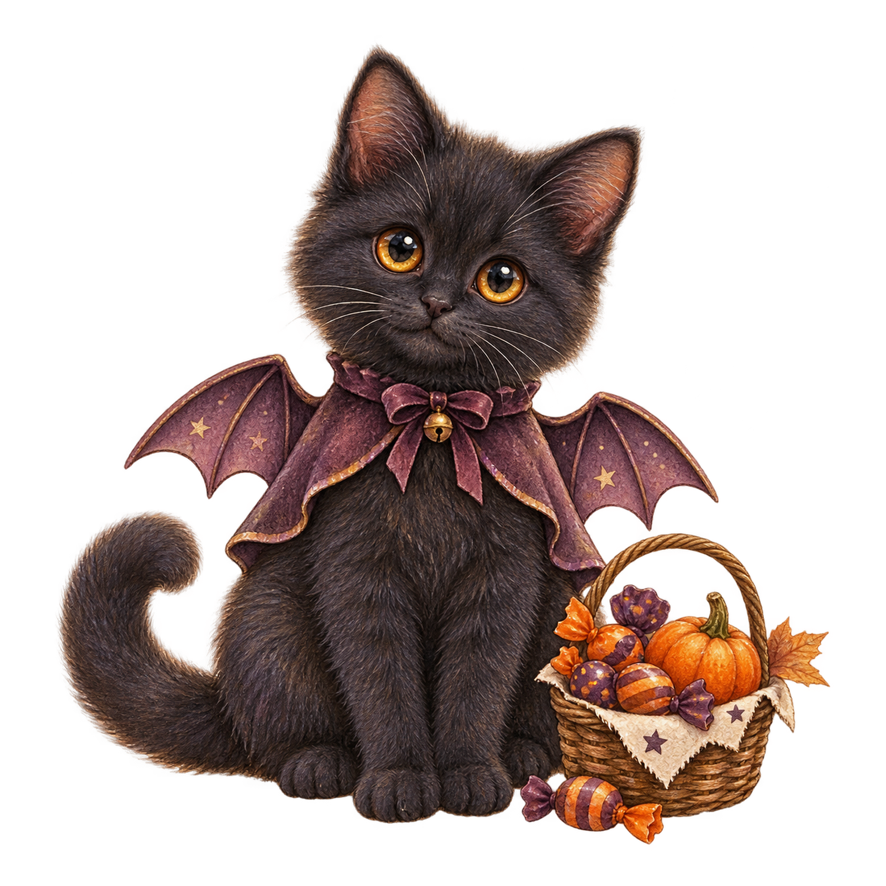 コウモリの羽をつけた黒猫とお菓子｜ハロウィンイラスト無料素材95051に写真・文字を入れる