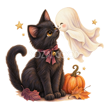 かわいいおばけと黒猫｜やさしいハロウィンイラスト無料素材95052