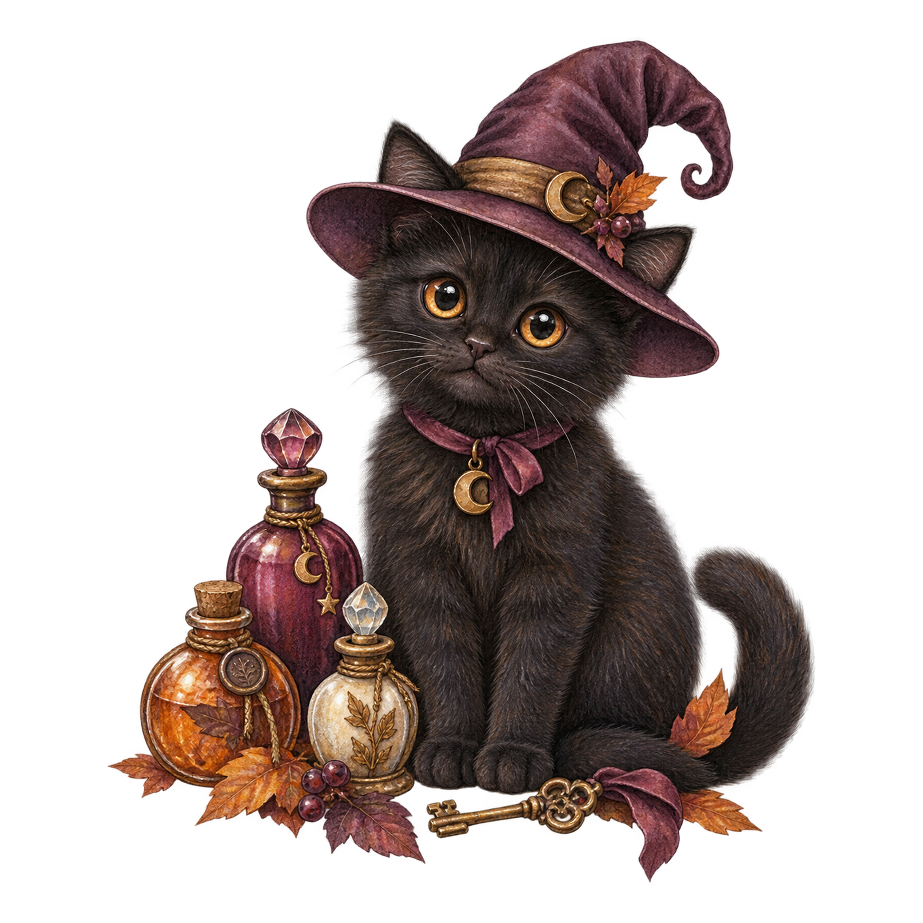 魔法の薬瓶と魔女帽子の黒猫｜ハロウィンイラスト無料素材95054に写真・文字を入れる