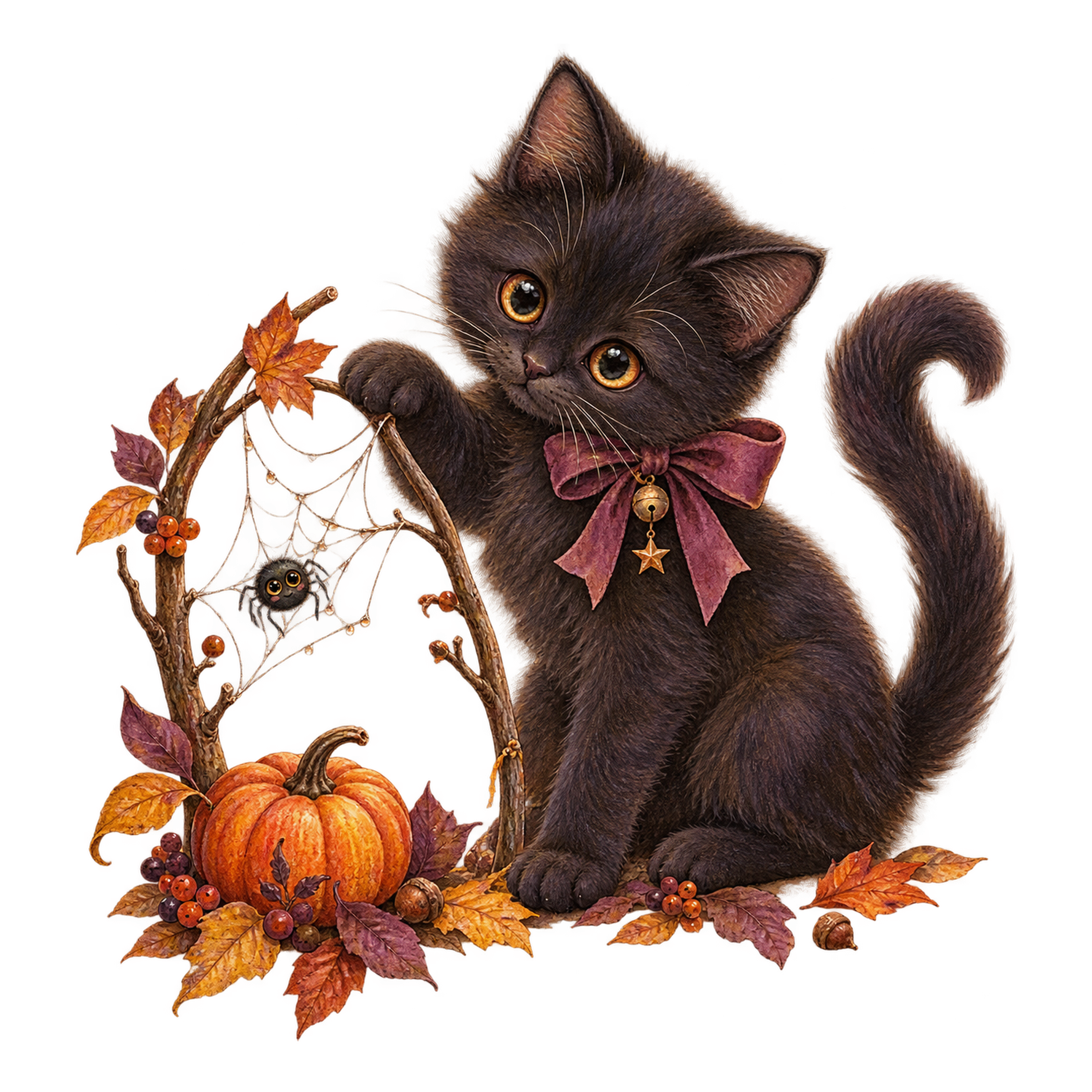 クモの巣飾りで遊ぶ黒猫とかぼちゃ｜ハロウィンイラスト無料素材95055に写真・文字を入れる