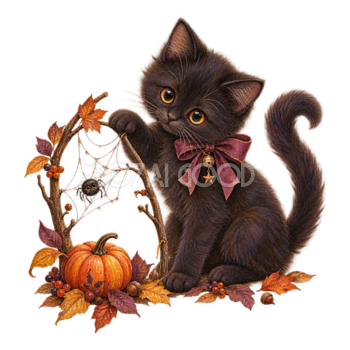 クモの巣飾りで遊ぶ黒猫とかぼちゃ｜ハロウィンイラスト無料素材95055