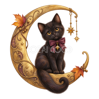 アンティークな三日月に座る黒猫｜ハロウィンイラスト無料素材95056