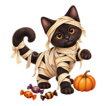 ミイラに仮装した黒猫とキャンディ｜ハロウィンイラスト無料素材95057