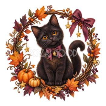 黒猫とかぼちゃの秋色ハロウィンリース｜無料イラスト素材95058