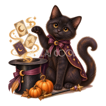 シルクハットで手品をする黒猫｜ハロウィンイラスト無料素材95059